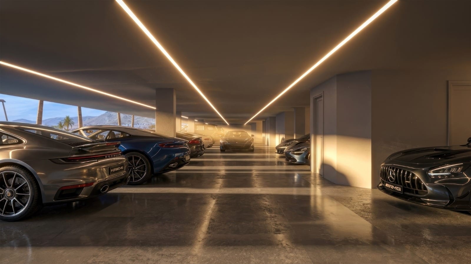 Infografía 3D del aparcamiento subterráneo del edificio, con plazas a ambos lados y salida a la luz del día