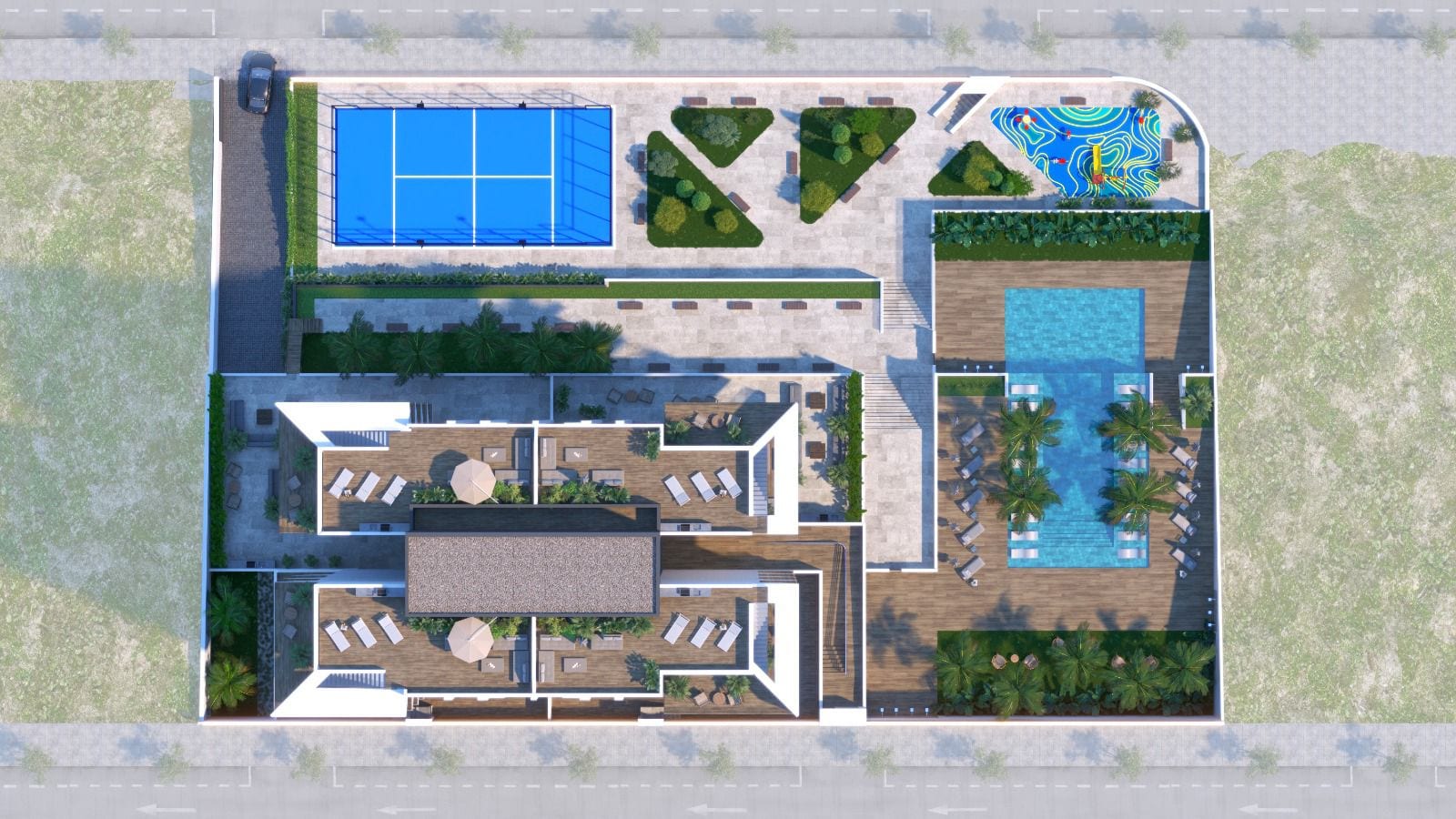 Infografía 3D del plano del conjunto visto desde arriba, con pista de pádel, dos piscinas, zona de juegos de agua y terrazas de madera